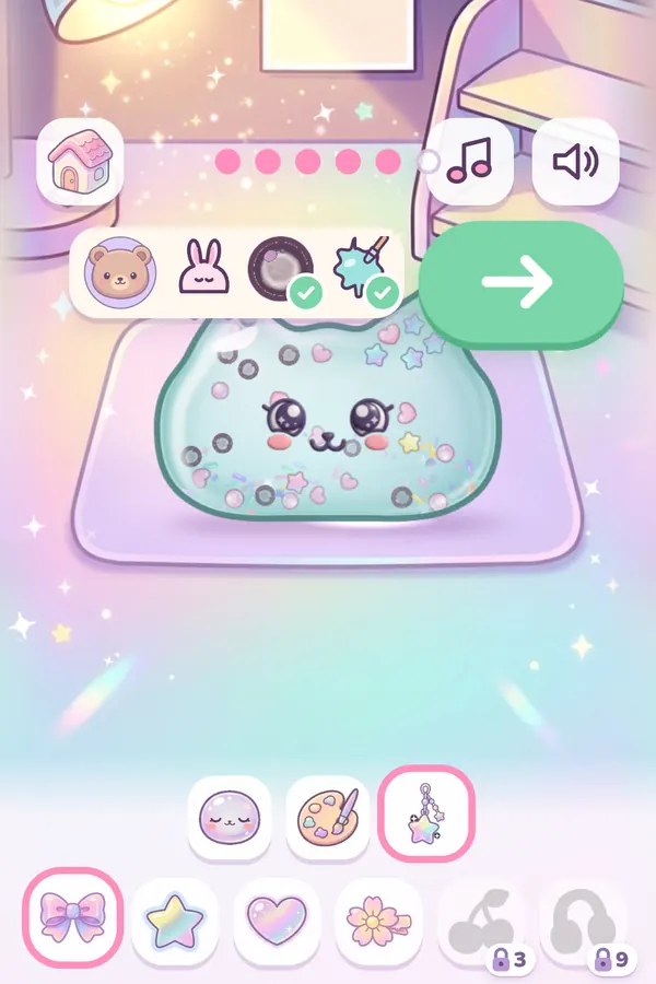 A finished mint jelly cat with a bow and a happy face